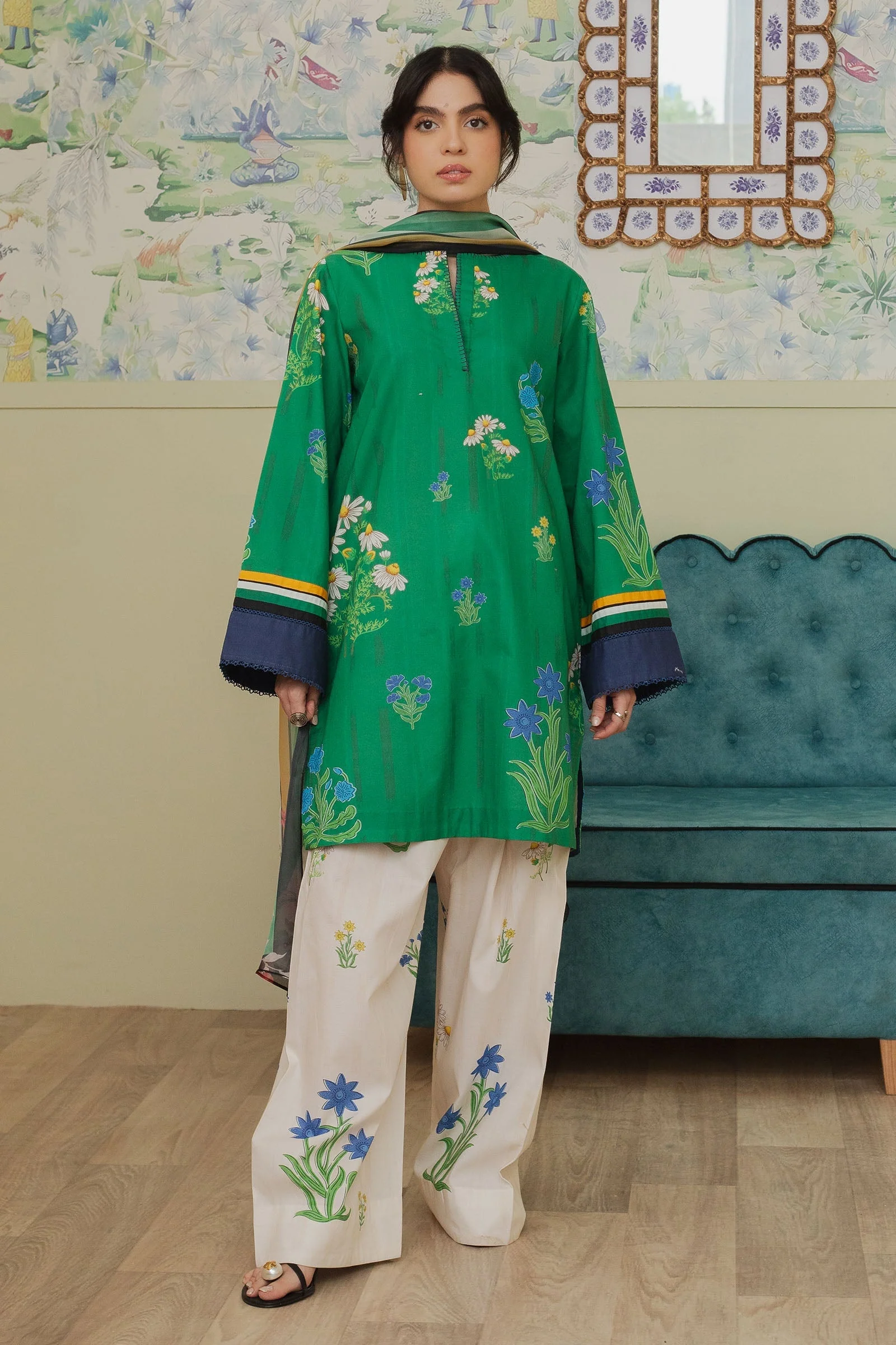 CO 498 Digital Printed 3Pc Unstitched Lawn Suit With Digital Printed Monar Dupatta