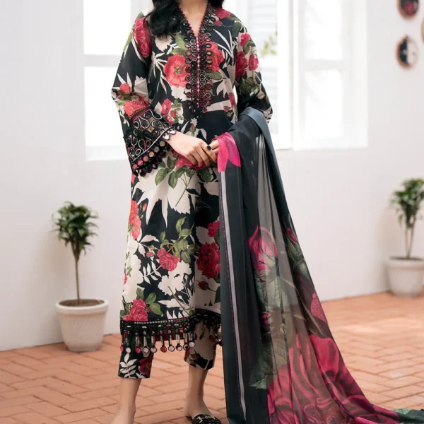 BQ-36 Digital Printed Khaddar Suit 3pc with Khaddar Digital Printed Dupatta & Embroidered Patches