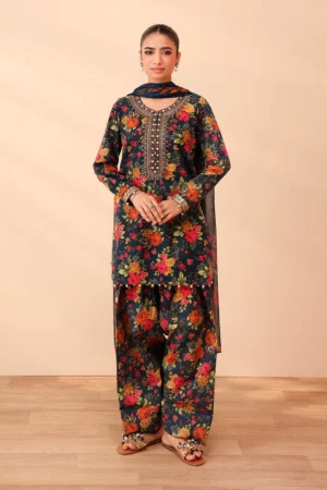 BQ-40 Digital Printed Khaddar Suit 3pc with Khaddar Digital Printed Dupatta & Embroidered Patches