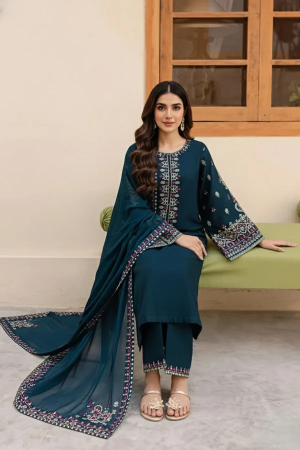 LM-585 Unstitched Embroidered Lawn Suit 3pc With Embroidered Chiffon Dupatta
